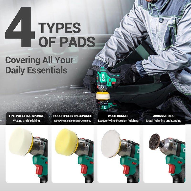 DCA 12V Cordless Buffer Polisher, 3" Brushless Mini Car Polisher & 2" Sander Machine Kit with 2x 2.0Ah Batteries, 2 Variable Speed 2800-8300RPM for Car Detailing Polishing/Buffing/Sanding/Waxing - Image 2